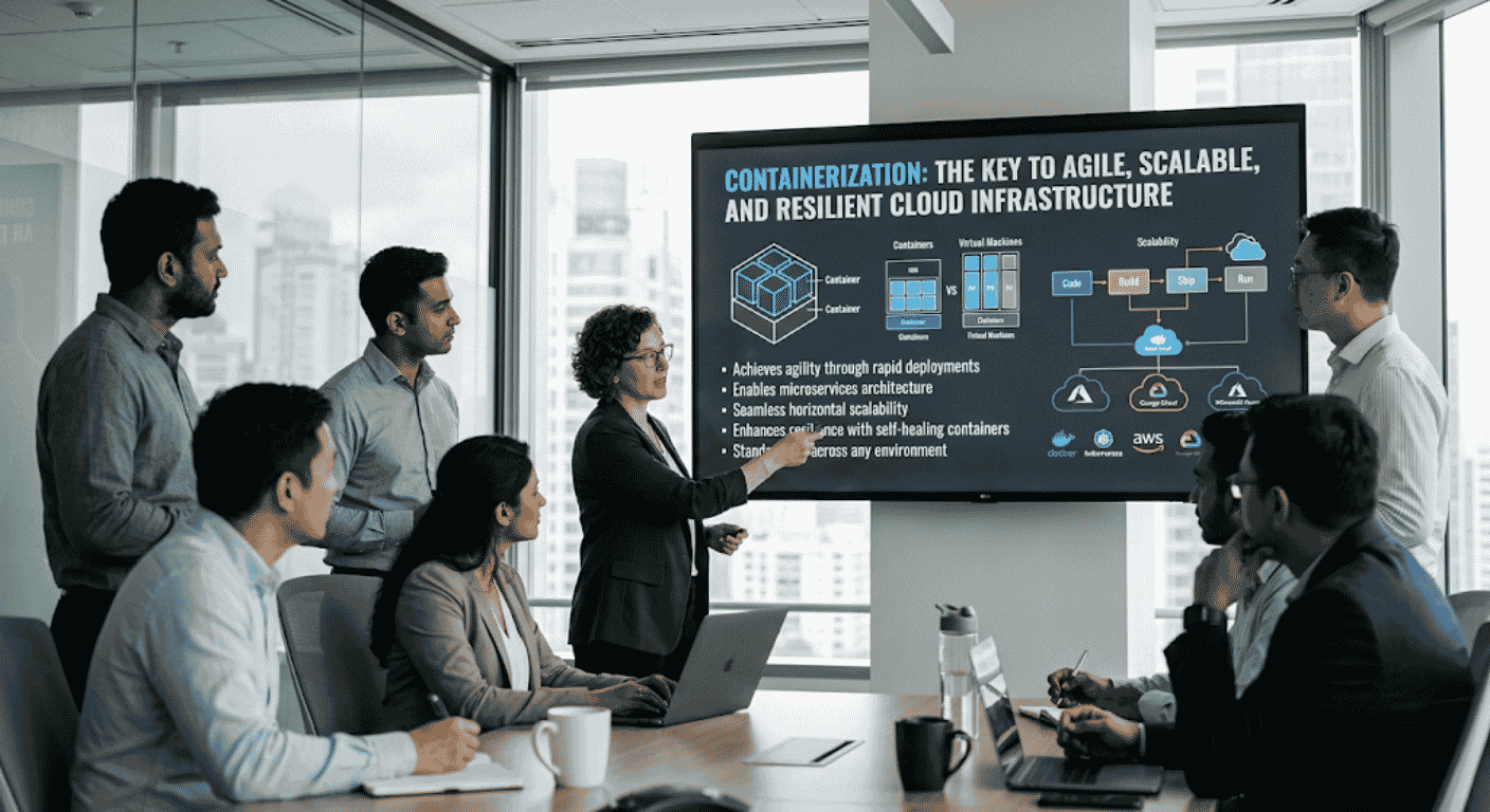A cloud architect presenting a containerization strategy to an engineering team in a boardroom, with a screen displaying containers vs virtual machines, microservices architecture, scalability workflow, and multi-cloud platform logos including AWS, Azure, Google Cloud, Docker, and Kubernetes.