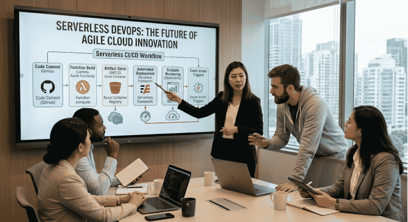 A DevOps team in a boardroom reviewing a Serverless CI/CD workflow diagram covering Code Commit, Function Build with AWS Lambda and Azure Functions, Artifact Store, Automated Deployment via Serverless Framework, Scalable Monitoring, and Event-driven Triggers — representing the future of agile cloud innovation.