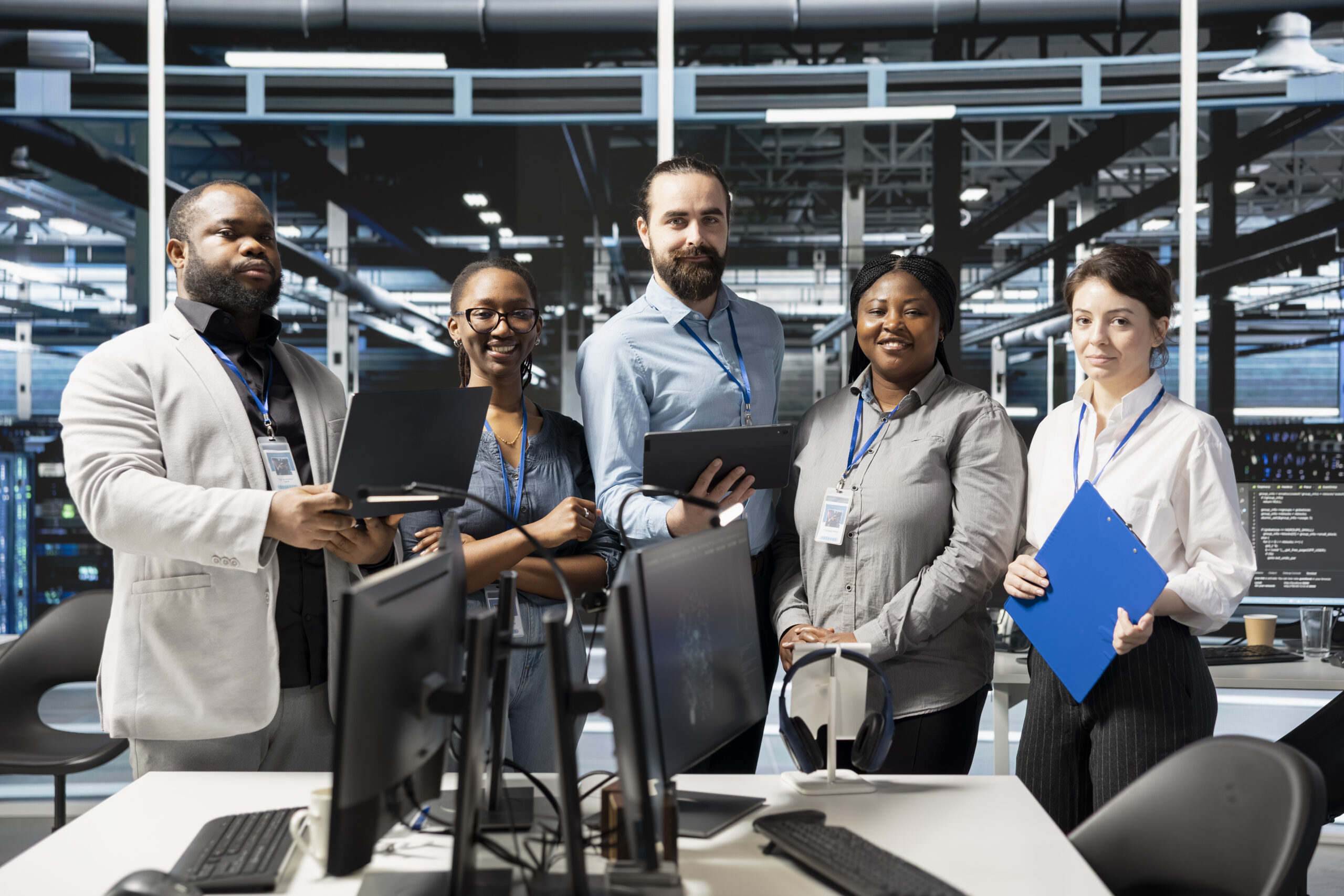 A confident and diverse cloud and DevOps team standing together in a modern data center with tablets and clipboards, representing how businesses can transform IT from a cost center into a profit center through cloud adoption and DevOps practices. A confident and diverse cloud and DevOps team standing together in a modern data center with tablets and clipboards, representing how businesses can transform IT from a cost center into a profit center through cloud adoption and DevOps practices.