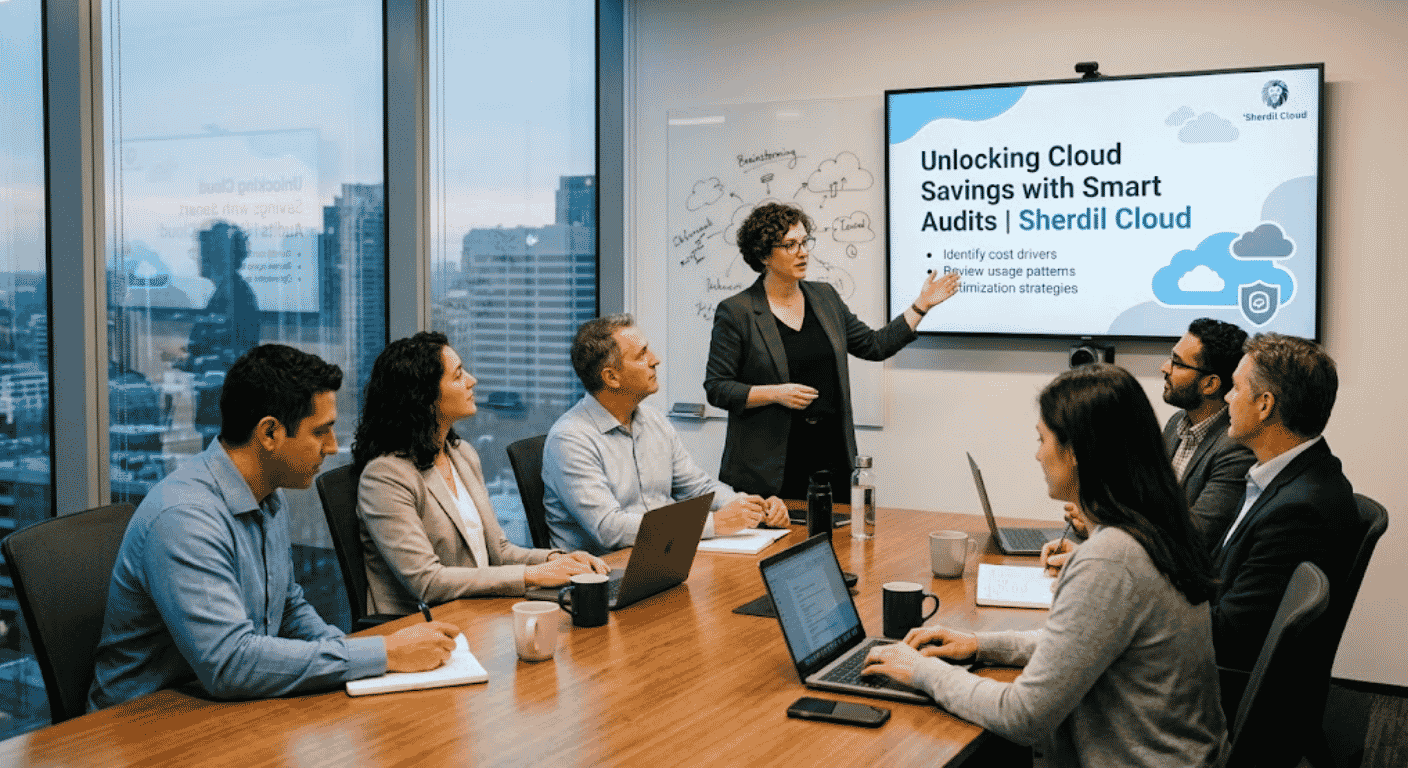 A cloud consultant presenting a Sherdil Cloud smart audit strategy to a business team in a boardroom, covering cost driver identification, usage pattern reviews, and cloud optimization strategies to unlock significant cloud savings.