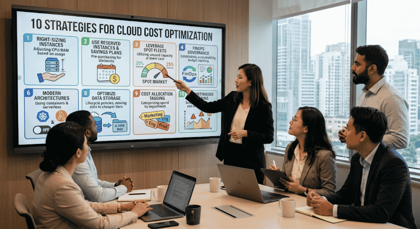 10-strategy cloud cost optimization infographic showing right-sizing, reserved instances, spot fleets, and FinOps governance