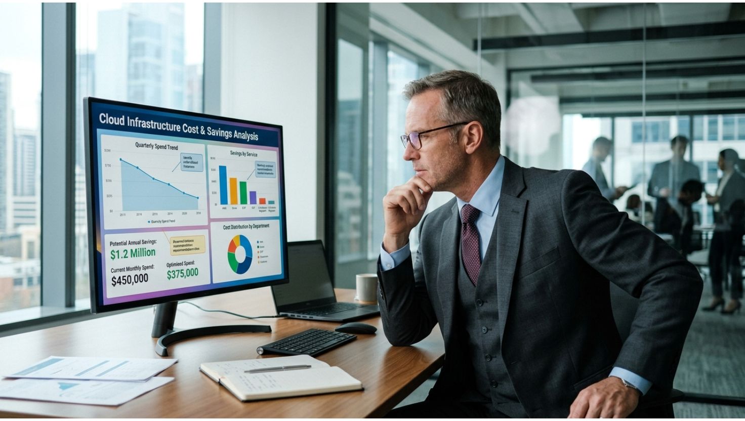 CFO reviewing cloud infrastructure cost dashboard with savings analysis