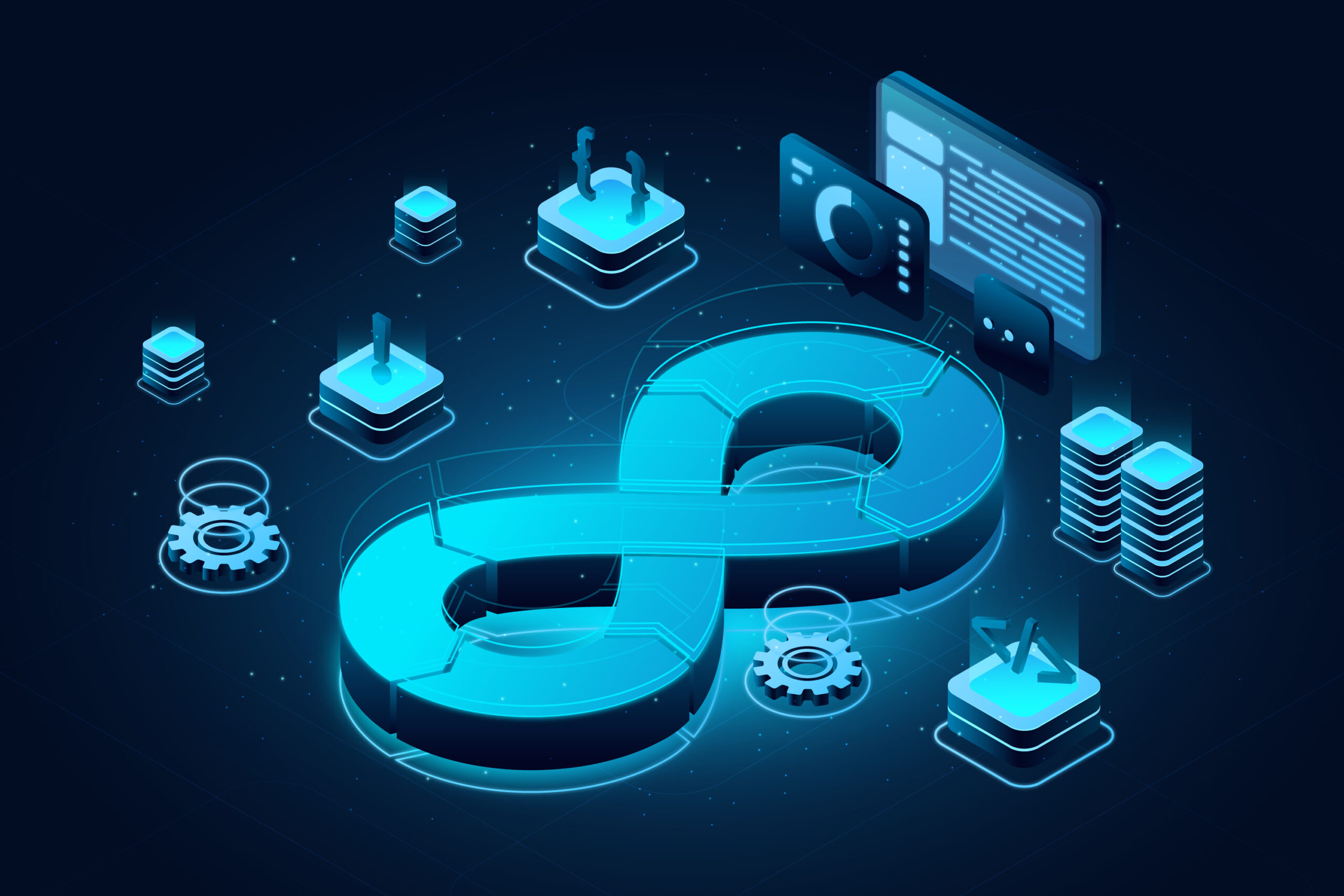 A 3D isometric illustration of a glowing DevOps infinity loop surrounded by servers, gears, code panels, and deployment icons, representing the step-by-step process of building a CI/CD pipeline from scratch.
