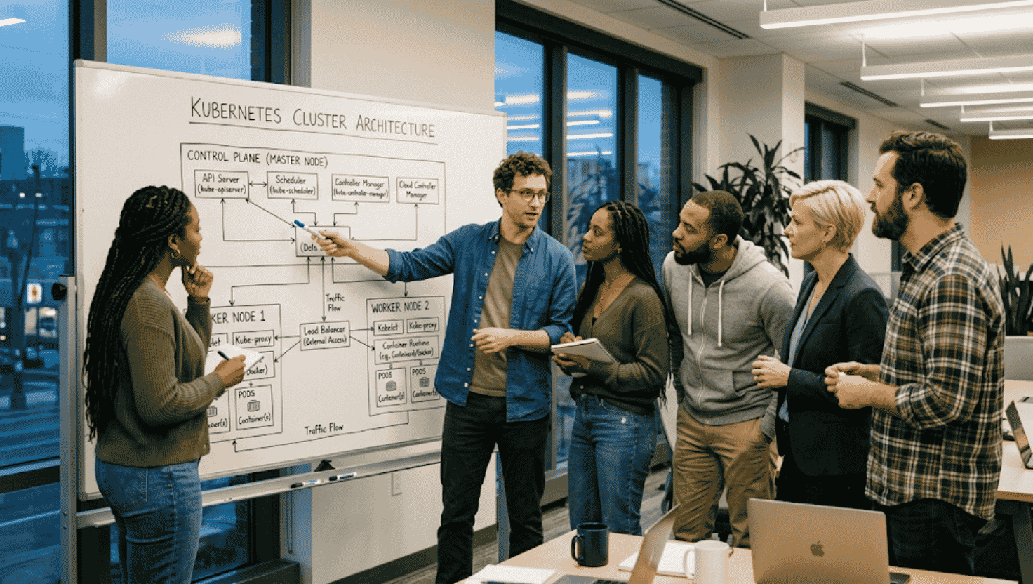 A cloud engineering team gathered around a whiteboard diagram of Kubernetes cluster architecture, showing the control plane, master node, API server, scheduler, worker nodes, pods, and traffic flow — illustrating container orchestration concepts for beginners.