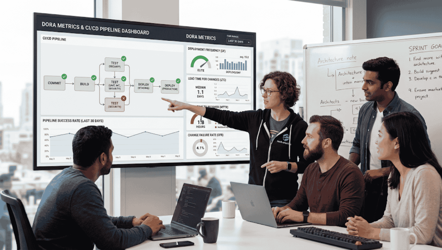 Startup engineering team reviewing a CI/CD pipeline and DORA metrics dashboard