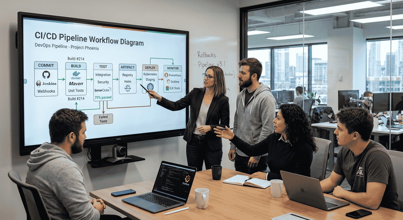 CI/CD pipeline flow diagram showing commit, test, build, deploy, and monitor stages