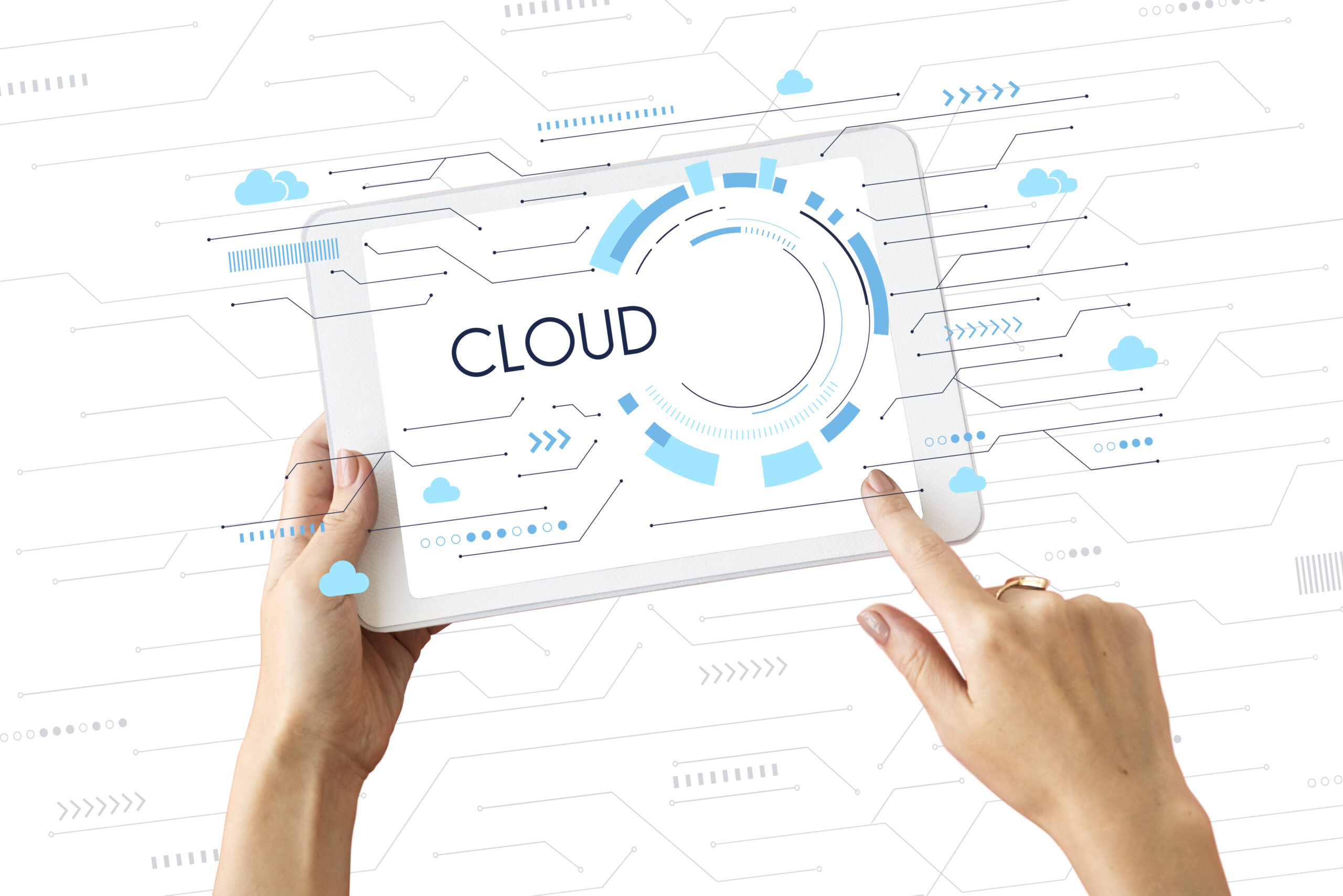 A professional interacting with a tablet displaying a cloud technology dashboard and circuit network graphics, representing cloud cost optimization strategies that can reduce AWS bills by 30% or more.